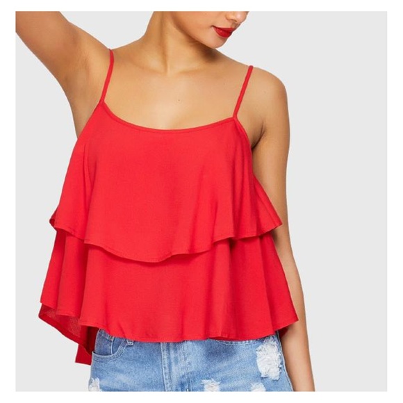 MBM Unlimited Tops - Red Solid Ruffle Layered Cami Top